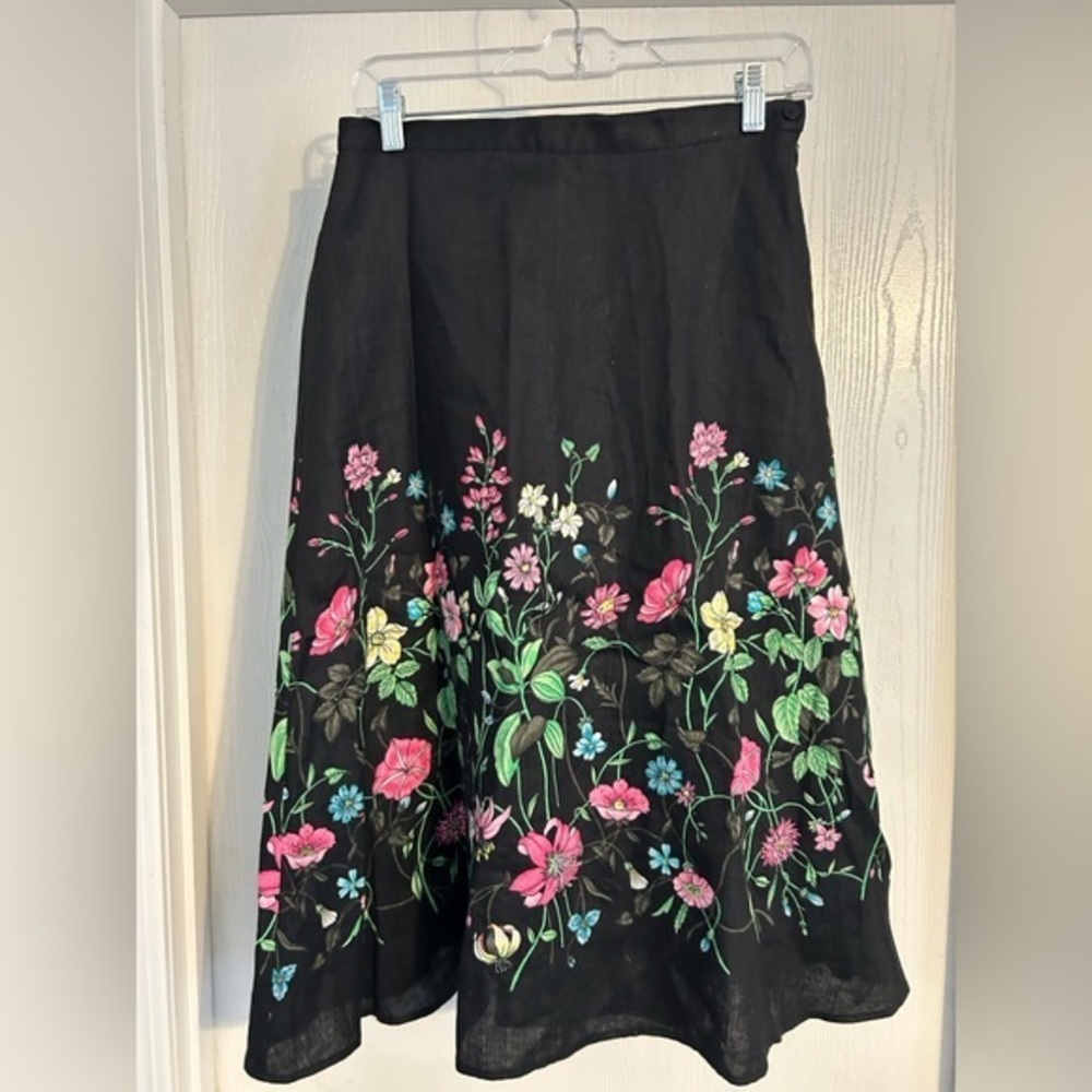SilkLand black A-line linen skirt featuring multicolor floral embroidery size 4